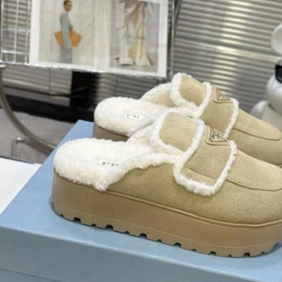 Prada Beige Suede Shearling Mules - Picture 5 of 8